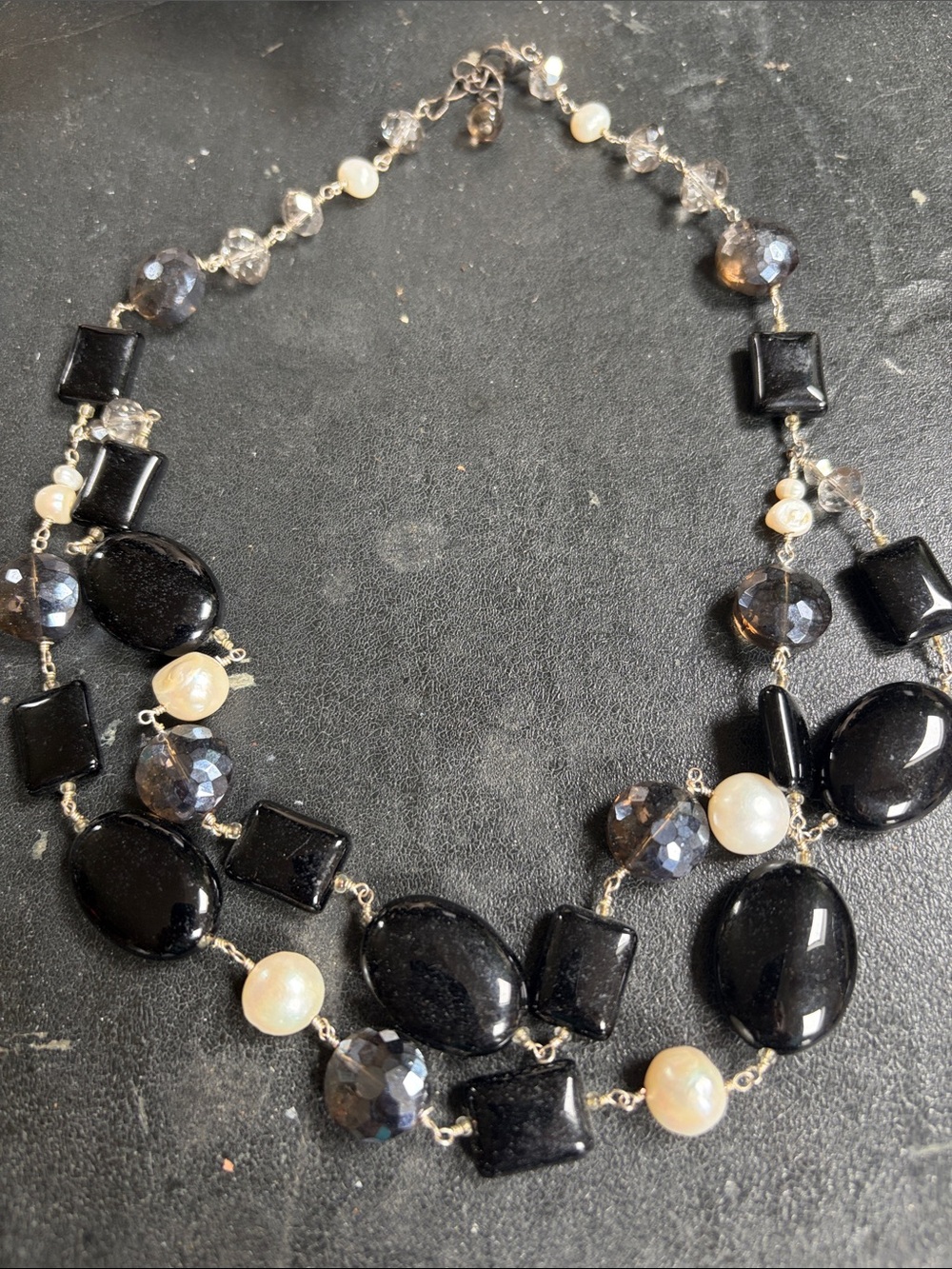 Elegant Black agate& fresh water pearls crystals double strandStatement Necklace